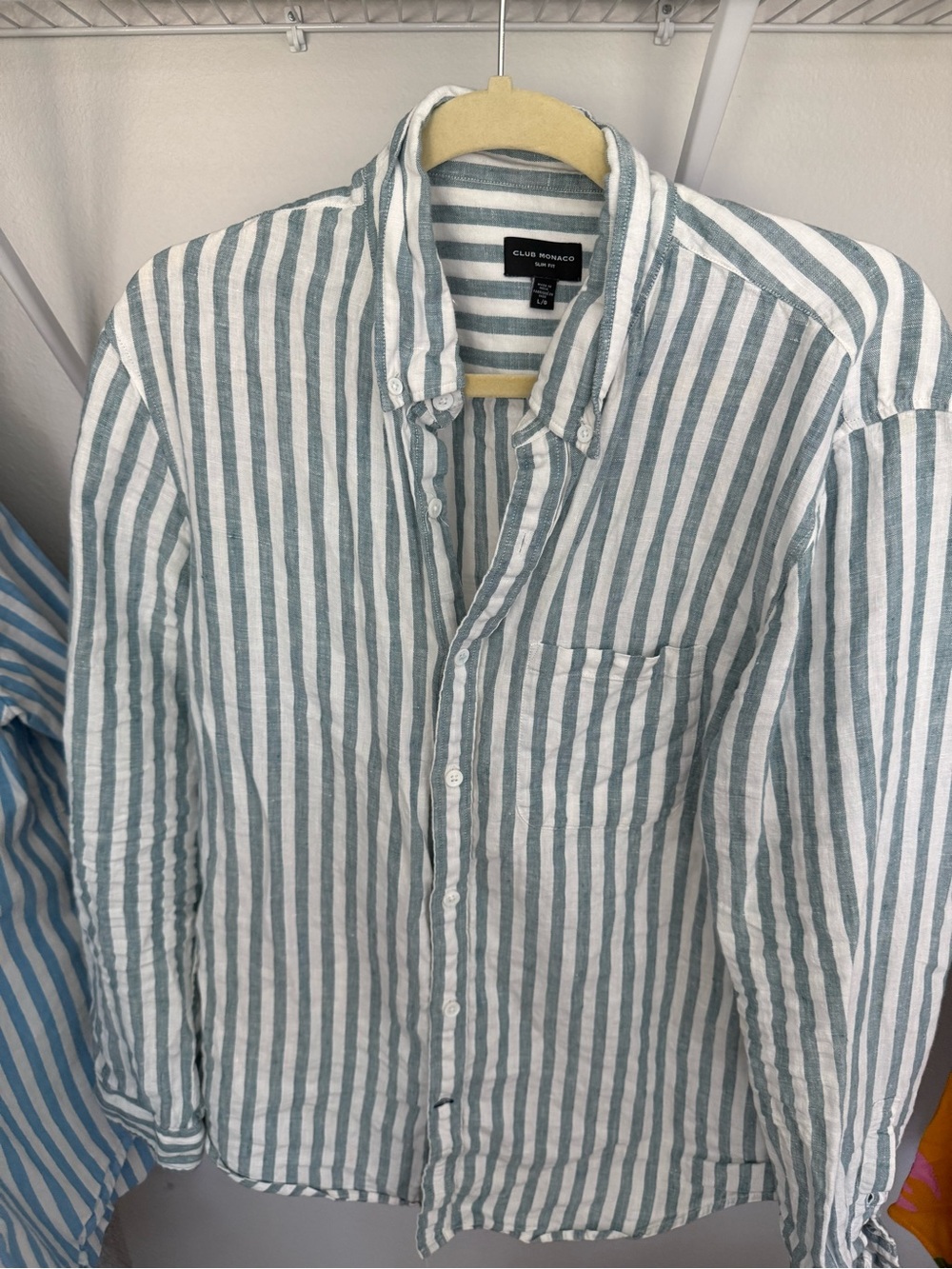 Club Monaco Green-White Vertical Stripe Linen Button-Down Shirt